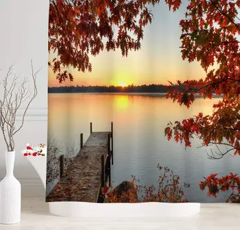 

Maple Autumn Leaves Wooden Bridge Lake Sunset Landscape Custom Waterproof and Durable Washable Nylon Bathroom Shower Curtain