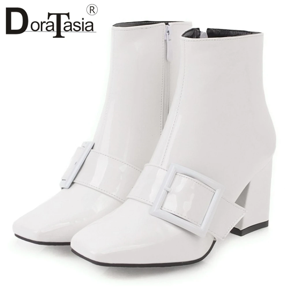 

DORATASIA New 32-43 Patent PU Booties Ladies Brand Square Toe Ankle Riding Boots Women Elegant High Chunky Heels Shoes Woman