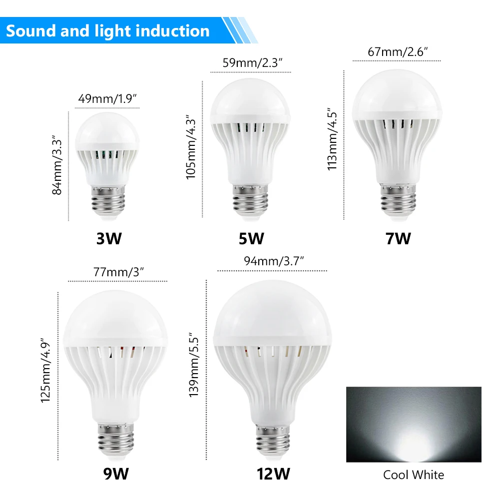 Светодиодный светильник PIR инфракрасное движение/звук+ управление световым датчиком E27 3w 5w 7w 9w 12w автоматический умный датчик белый лампада светодиодный светильник