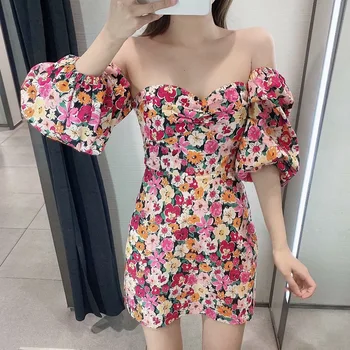 

High Quality 2020 Off The Shoulder Long Sleeve Floral Holiday Women Mini Dress