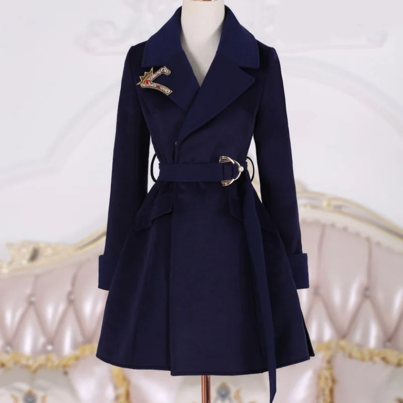 2021 New Spring And Autumn Women Coat Dark blue embroidered long-sleeved woolen coat female slim winter | Женская одежда