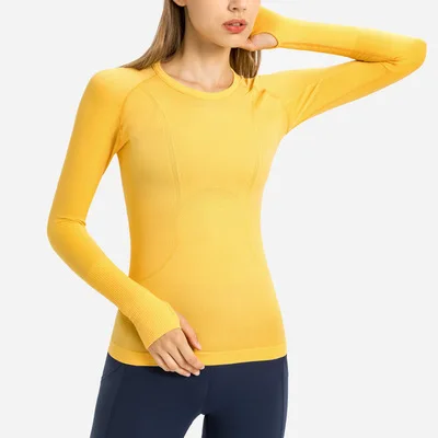 Lulu Fitness Women's Sports Long Sleeve Yoga Shirt Top Round Neck Blouses Slim Breathable Gym Clothing Thumb Jack Custom Logo Yellow