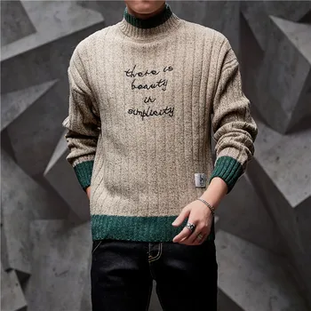 

Trendy Patchwork Man's Sweater Fashion Embroidery Male Sweaters Turtleneck Khaki Brown Beige M-3XL Long Sleeve Pullover