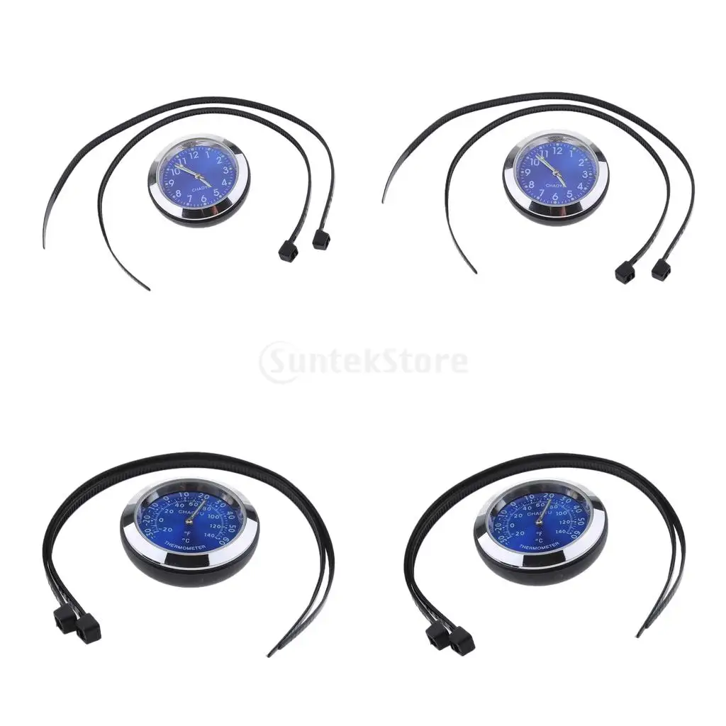 4Pcs Motorcycle Bike Blue Dial Clock Watch + Thermometer Temperature Gauges