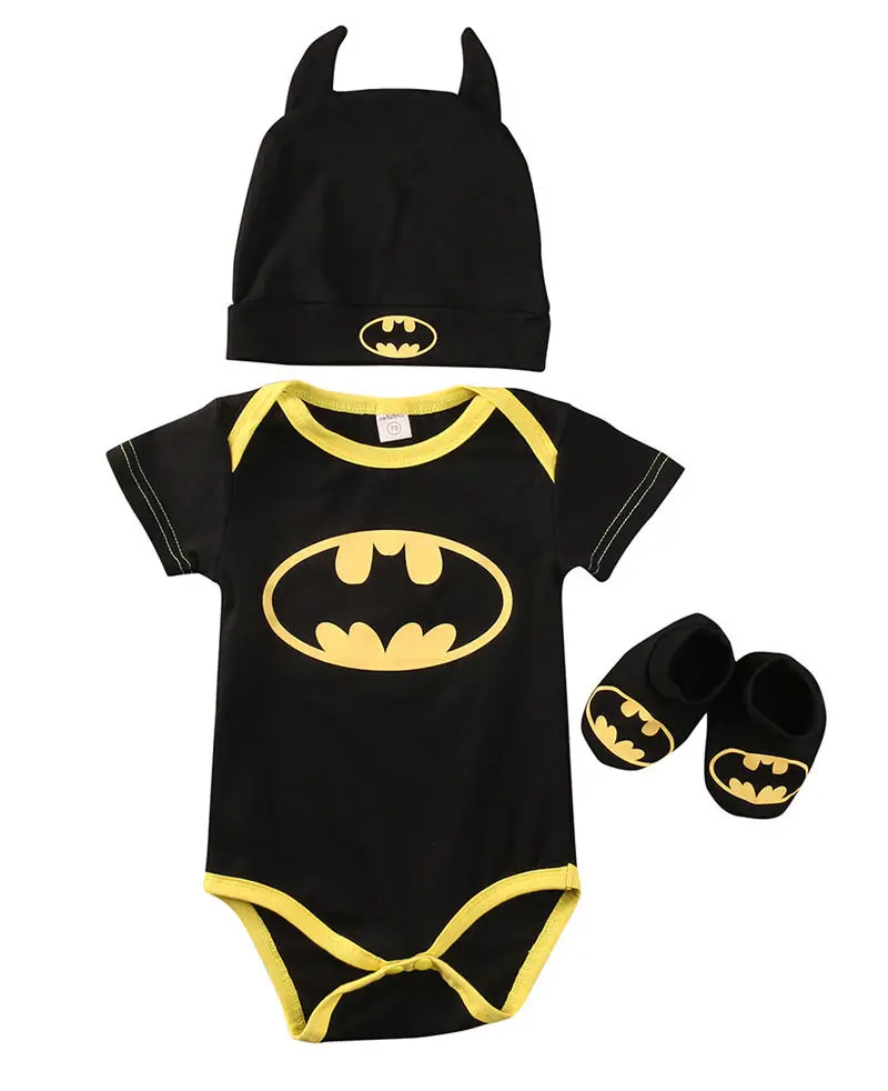 Pudcoco Newborn Baby Boy Girl Jumpsuit Kids Toddler Clothes Batman Rompers+Shoes+Hat Costumes 3Pcs Outfits Set - Цвет: Short