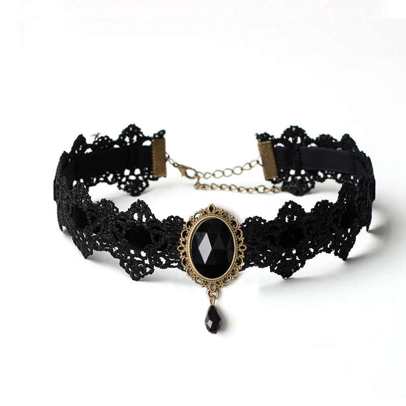 Bohemia Lace Gothic Tattoo Choker Women Clavicle Chain Vintage Necklace Crystal Necklaces Gothic Punk Collar Jewelry New Arrival - Metal Color: Black