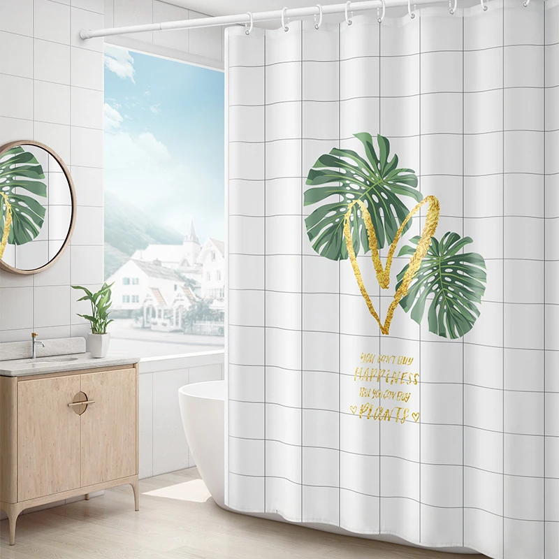 

Nordic Bath Curtain Bar Set No-hole Toilet Shower Room Cut Off Waterproof Curtain Leaves Printing Bathroom Curtain Green Scene
