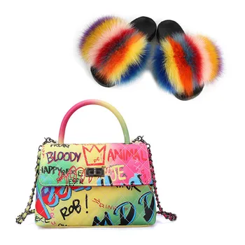 

100% real fox fur slippers women fur slides rainbow shoe cute fur flip flops women travel Furry shoes jelly bags Set fashion bag