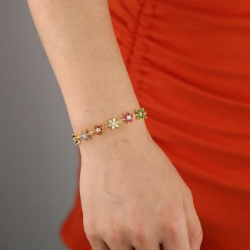 

Gold silver Color red green blue cz paved flower Charm Bracelets bangle link rainbow Zircon Stone Fashion tennis chain Jewelry