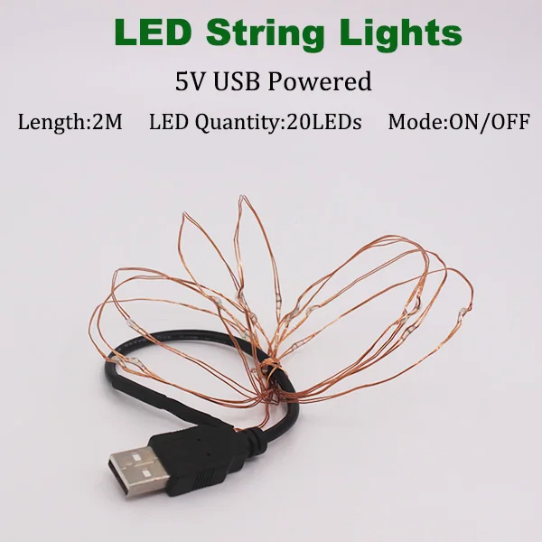 2m USB copperpowered Новогодняя Рождественская гирлянда Водонепроницаемая медная проволока Светодиодная лента сказочные огни 2 м 5 м 10 м для украшения в помещении - Испускаемый цвет: 2m USB copperpowered