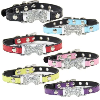 

Dog Supplies Dropshipping Bowknot Bone Diamonds Rhinestone Pet Collar PU Leather Dog Collars for Puppy Cat Dog Accessory