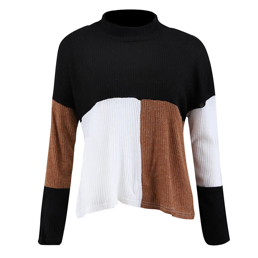Jaycosin Women Colorblock Stand Long Sleeve Knitted Sweater Coat Autumn Long Sleeve Elegant Casual Stylish Top Blouse 