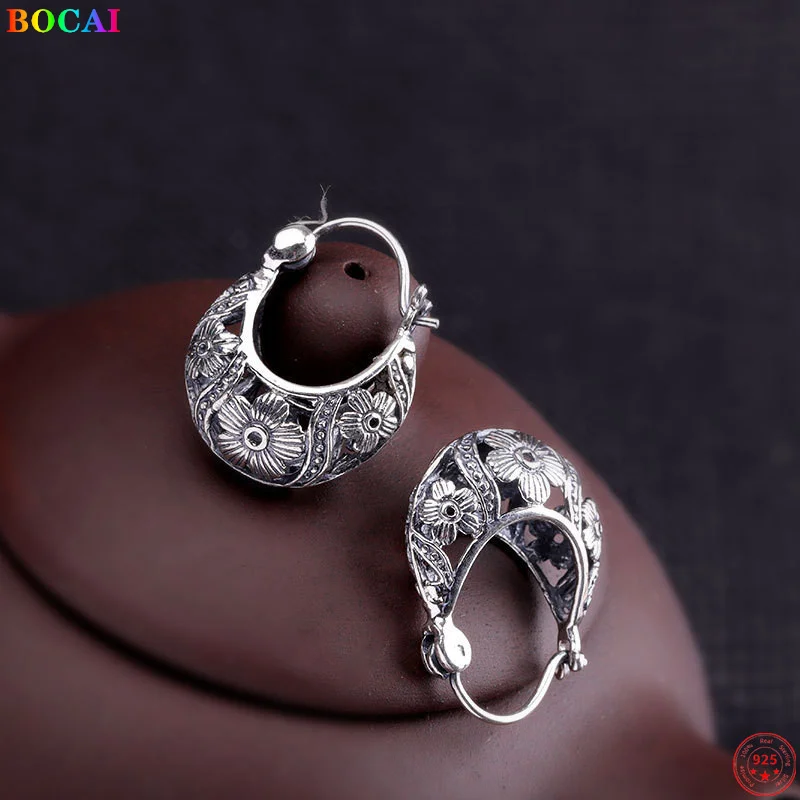 2022 Trendy S925 Sterling Silver Earrings Hollow Flower Basket Pattern Ear Drop Pure Argentum Popular Jewelry for Women | Украшения и