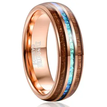 

6mm Rose Gold locust tree wood and Imitated Opal Inlay Tungsten Carbide Rings Wedding Bands for Men Comfort Fit Size 6 to 14