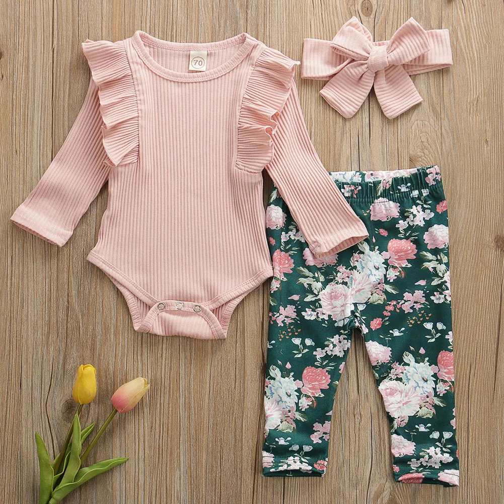 Focusnorm/комплект одежды с цветочным рисунком для новорожденных девочек от 0 до 24 месяцев, однотонный хлопковый комбинезон, боди, штаны с цветочным принтом повязка на голову, комплект из 3 предметов