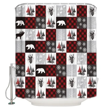 

Christmas Elk Christmas Tree Christmas Lattice White Bear Snow Bathroom Shower Curtain Decor with Hooks Waterproof