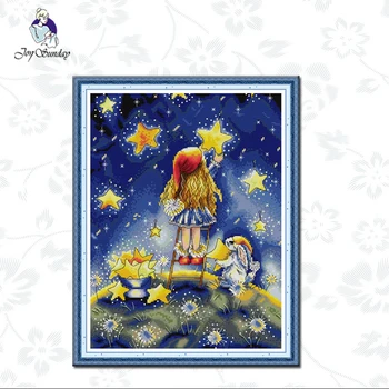 

Joy Sunday,Girl picking stars,Cross-stitch Kits DIY Handmade, 11CTPrinted Fabric,Cross Stitch Printed On Canvas Embroidery Sets