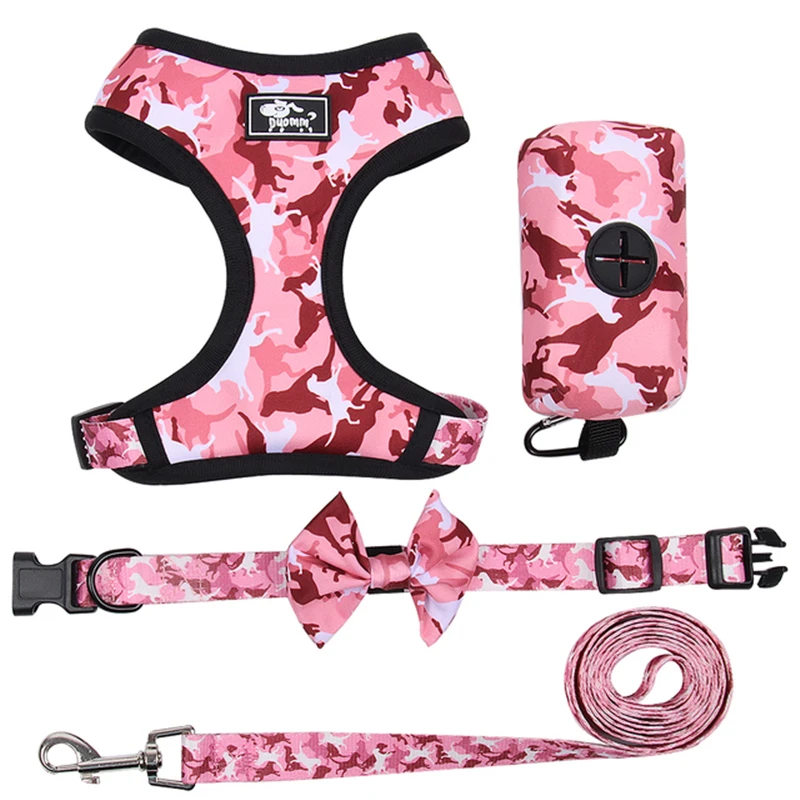 4pcs/Set Adjustable Pink Dog Collar Leash Harness With Poop Bag Dispenser puppy harness Puppy Dog Waliking Pet Accessories 
