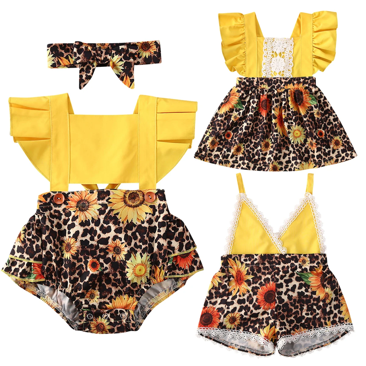 Citgeett Summer 6M-5Y Toddlers Kids Girls Sunflowers Clothing Matching Rompers Overalls Lace V Neck Sleeveless Jumpsuits Outfits