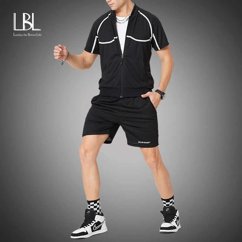 Fashion Tracksuit Two-Pieces LBL Mens Shorts-Sets Sweatshirt Sporting Casaul Summer Slim-Fit