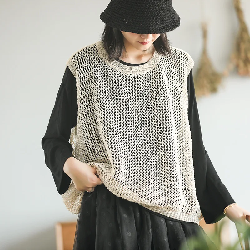

hollow knit vest female autumn new solid color hooded sweater sleeveless women's pullover 61087 lpp