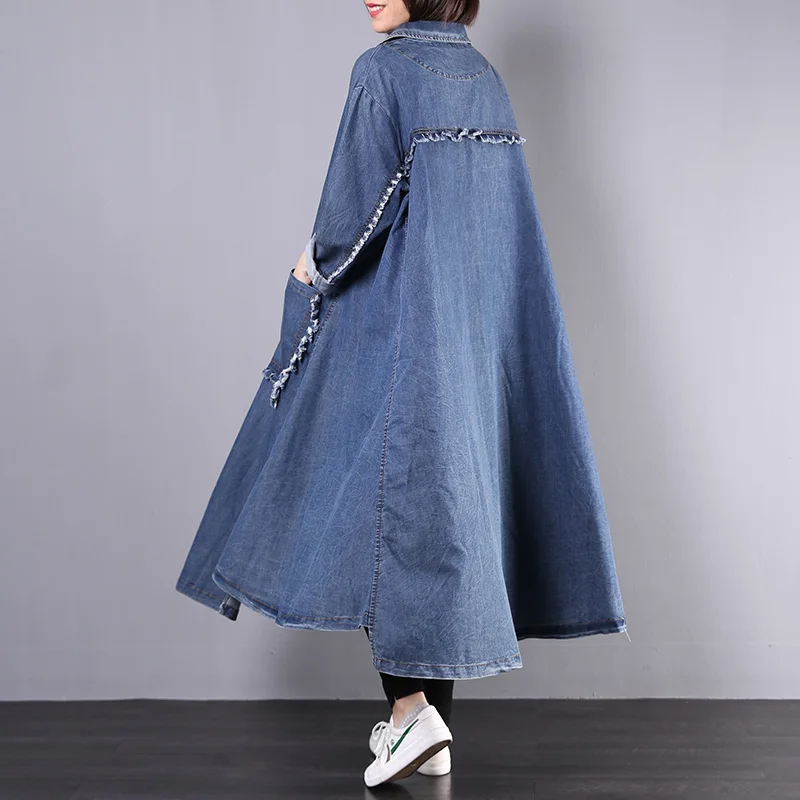 Новинка года; Осенняя верхняя одежда больших размеров в Корейском стиле; длинный джинсовый Тренч в стиле ретро - Цвет: Blue