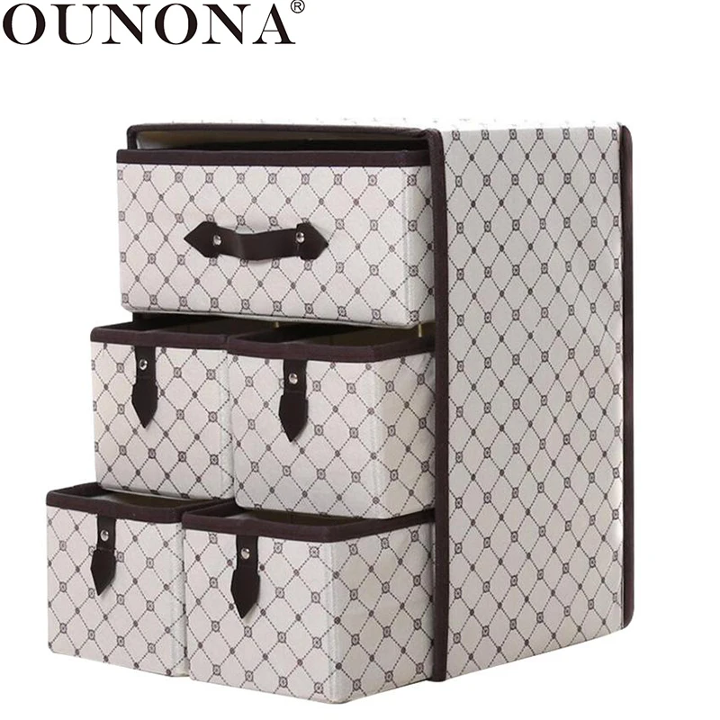 

OUNONA Non-woven Three Layer Five Drawer Classified Storage Box Container Organizer (Brown)