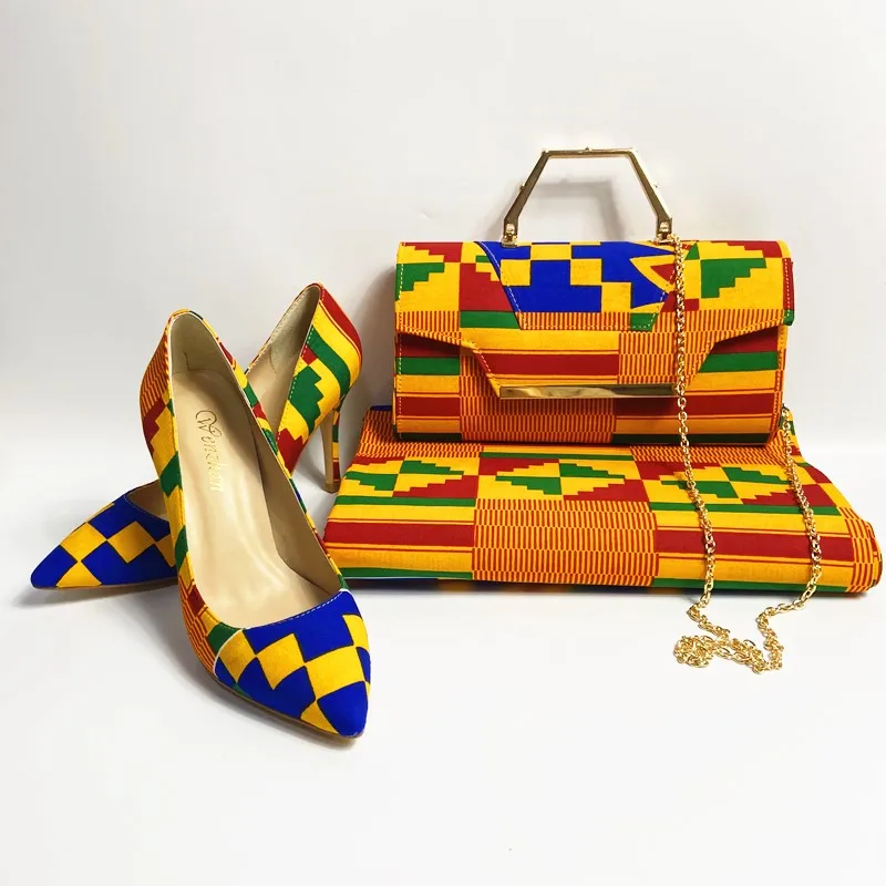 African Kente Wax Fabric Shoes with women bag Pretty cotton bags and soft shoes matching set 36-45 hot selling A910-2 - Цвет: shoes bag fabric