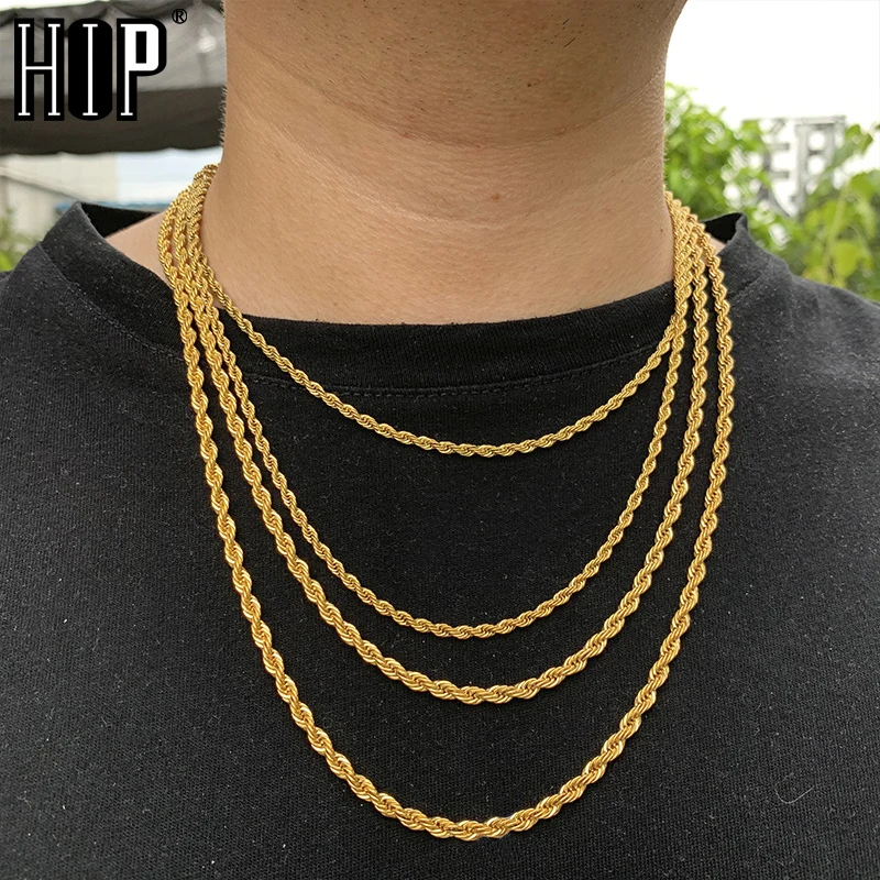Twisted Rope Link Chain Necklace Stainless Steel Gold Color Unisex