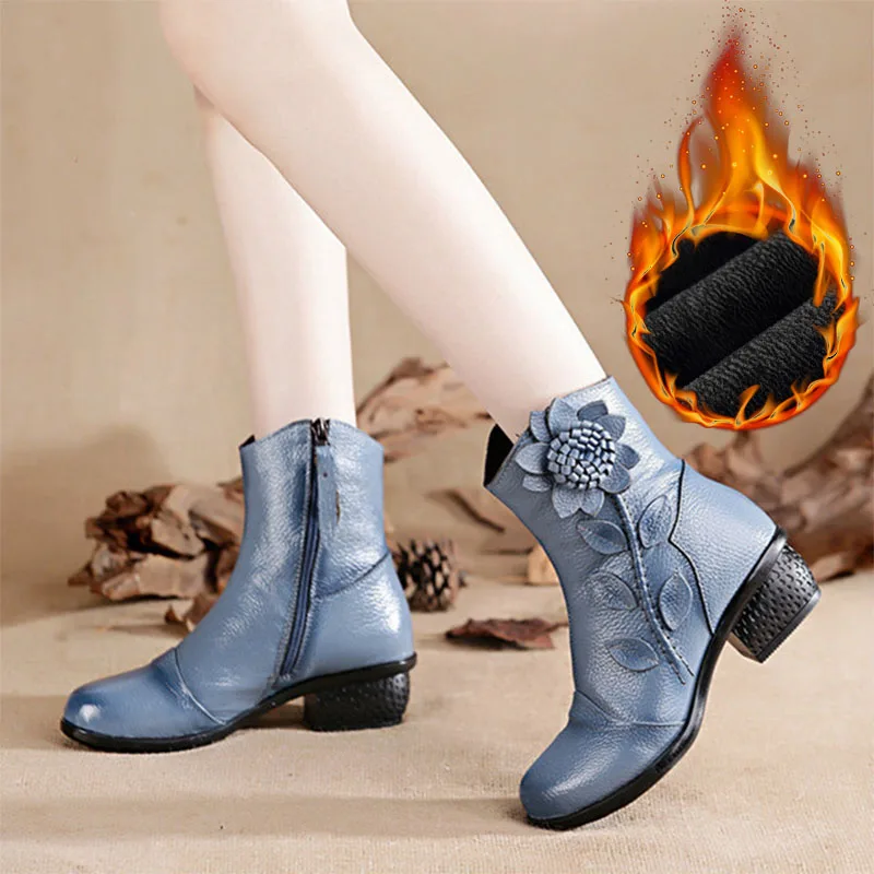 MCCKLE/женские ботильоны; женские ботинки с цветочным узором; женская модная обувь из натуральной кожи на молнии; сезон осень-зима; удобная женская обувь - Цвет: Gray blue-plush