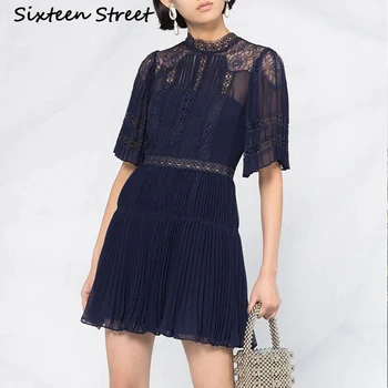 

Navy Blue Solid Chiffon Dress Woman 2020 New Summer o neck short sleeve lace patchwork hollow mini dress female casual vacation