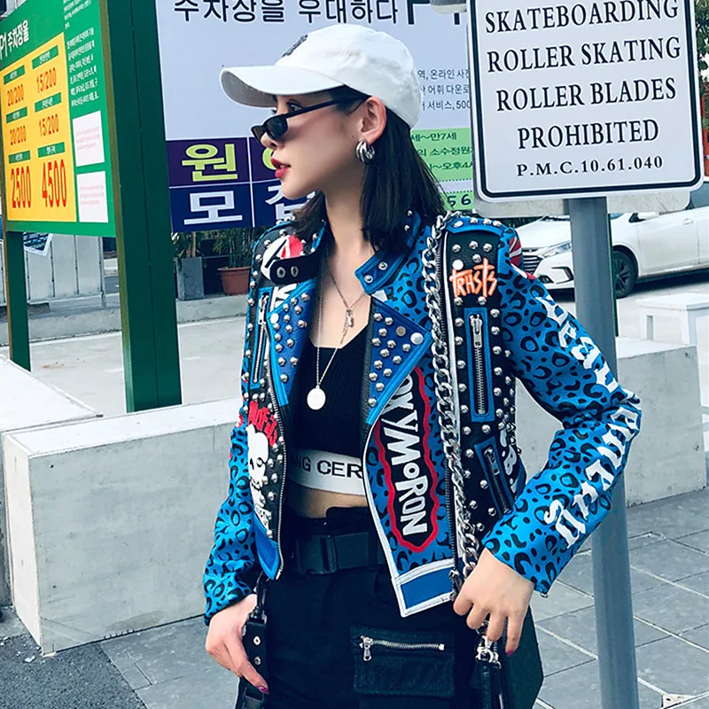 

Blue Punk Graffiti Faux Leather Jacket Women Fall Autumn Female Slim Short PU Coat Zipper Rivet Crop Motorcycle Biker Jackets