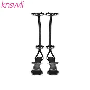 

Crystal Clear Chunky Heels Gladiator Sandals Women Black Thigh High Rome Sandals Ladies Rhinestone High Heels Party Shoes Woman