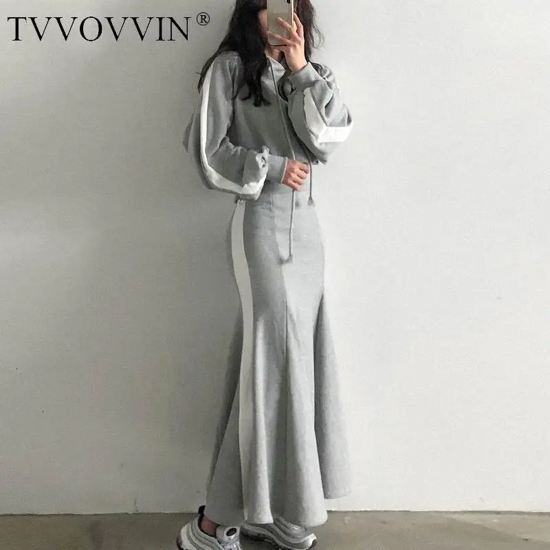 TVVOVVIN, Женский комплект, с капюшоном, с длинным рукавом, женские свитшоты, высокая талия, длинный рыбий хвост, юбка, 2 шт, набор, модный, из двух частей, юбка, набор, X297