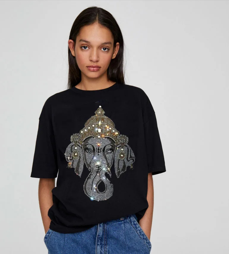 

Loose T Shirt Women Short Sleeve 2020 Fashion Summer Hi-Street Oversized Hip Hop Tshirt Cotton Tee Shirts Diamonds