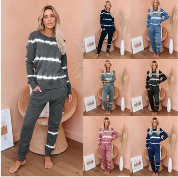 

2020 Pajamas Sets Women's Long-sleeved Trousers Pair Striped Tie Dye Gradient Print Pajamas Home Service Pockets Long Pants