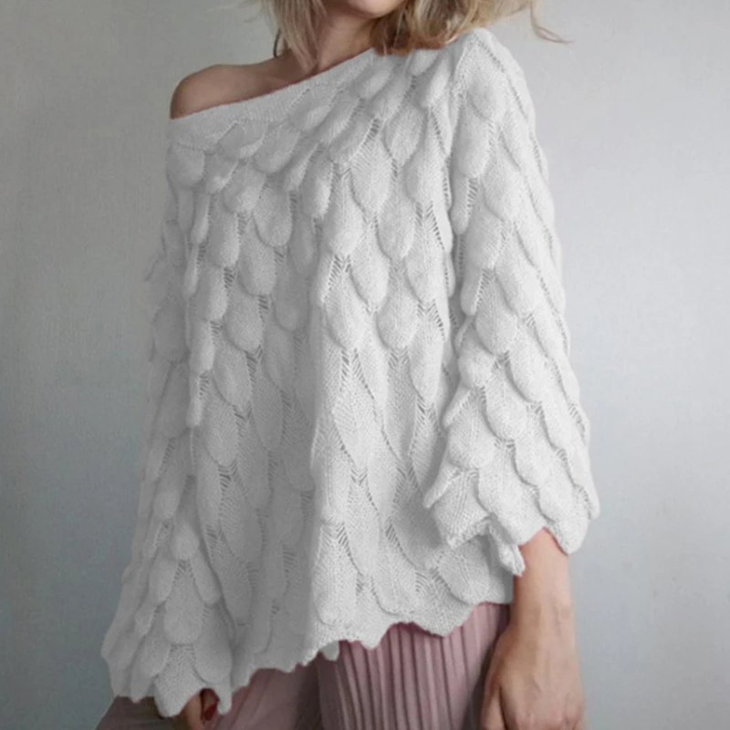 

Elegant Sweater Women 2019 Casual Fashion Loose Women Sweaters and Pullovers Cute 3D White Jumper Sueter Mujer Slash neck s283