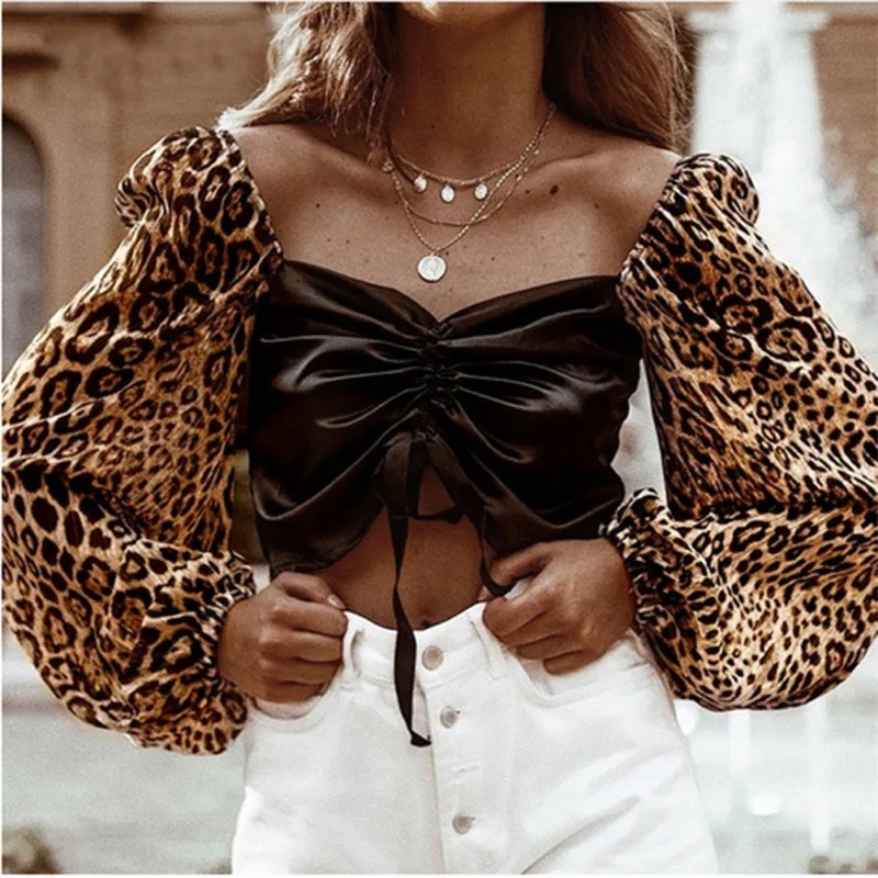 

Women Blouse Multicolor Shoulder Leopard Print Tee Casual Long Sleeve Asymmetrical Neck Tops Women Autumn Slim Cut Out Shirt