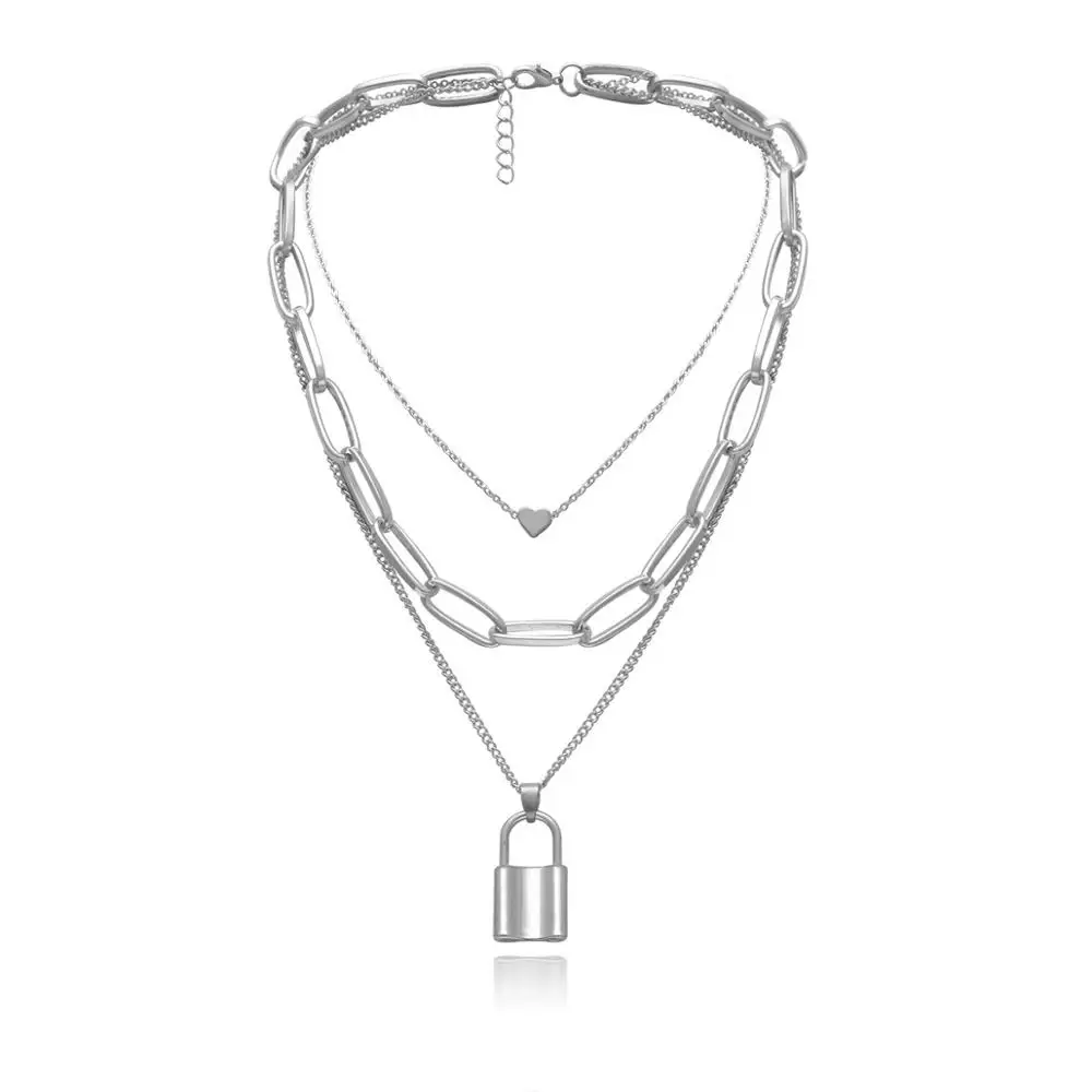 Многослойное колье KMVEXO, многослойное ожерелье с замком - Окраска металла: Heart Lock Silver