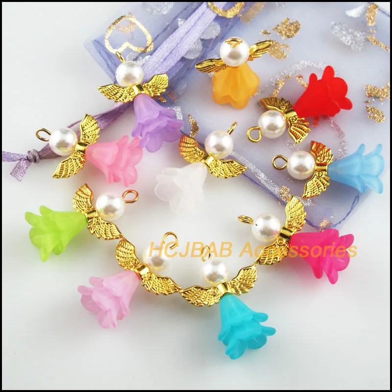 

10 New Lovely Angel Charms Mixed Acrylic Gold Color Wings Pendants 21.5x30mm