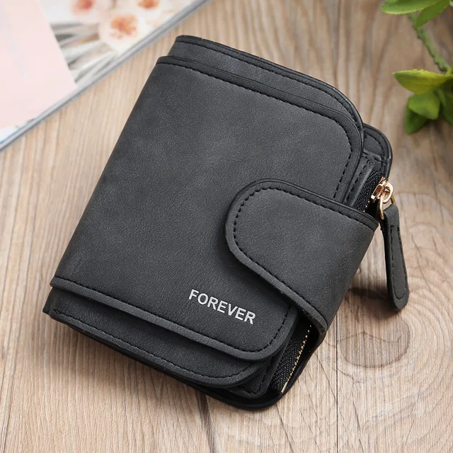 Fashion Women's Short Wallets PU Leather Matte High-Capacity Casual Coin Purse Zipper Money Bag Hasp Clutch Card Holder Clip Black