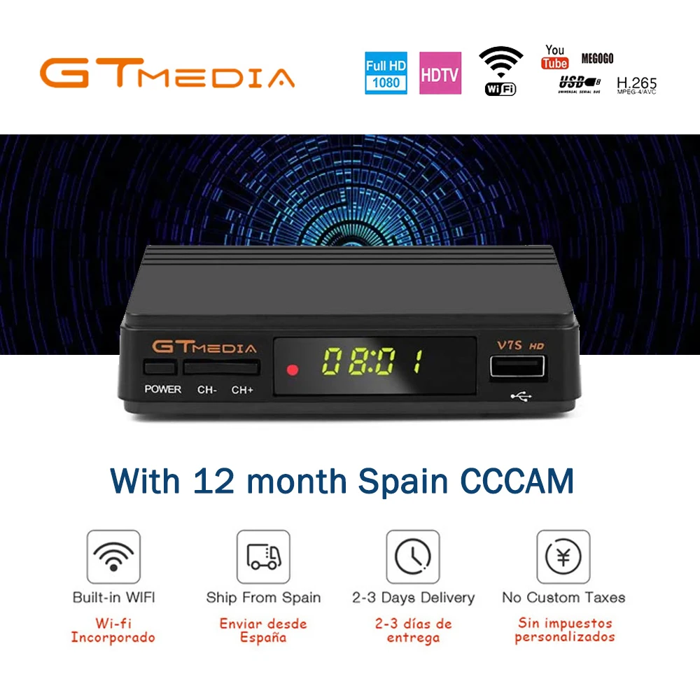 

1 Year Free Europe egygold 7 lines GT MEDIA V7S HD+USB WIFI Antenna DVB-S2 1080P HD Youtube PowerVU Newcamd 3G Spain Set top box