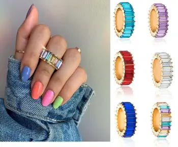 

KSRA 2020 New Hot Sale Thin Baguette Rainbow CZ Gold Ring For Women Fashion Engagement Wedding Band Top Quality Charm Jewelry