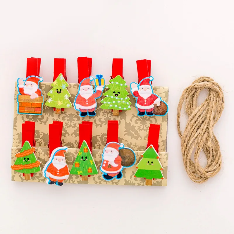 10 шт./партия, новогодняя елка с мультяшным рисунком, зажим для фото, креативный Санта Клаус, медведь, зажимы «сделай сам» с веревкой, Рождественский домашний декор