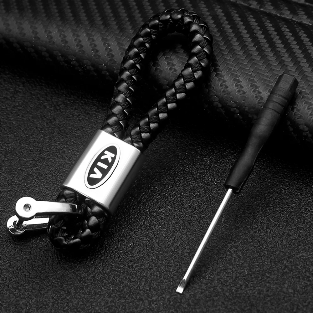KIA Black Braided Leather Metal Keyring Key Chain Fob Car Logo Gift New!! 