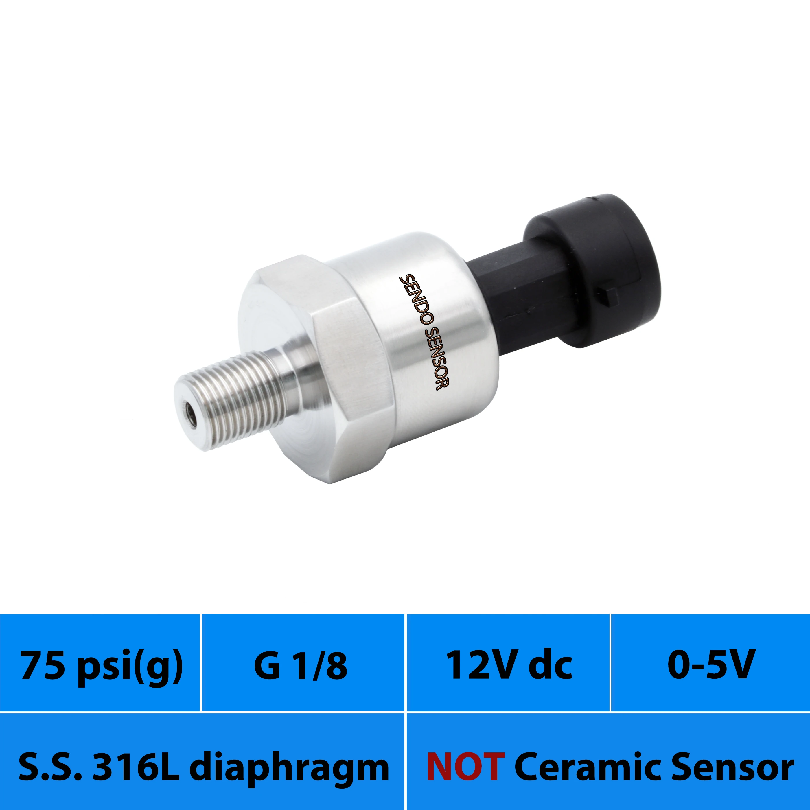 

pressure sensor 9v 30V, 12V, 24 Vdc, 0 5V output, 0 75 psi, IP65, thread G 1 8 inch, S.S. 316L diaphragm, packard, Chinese OEM