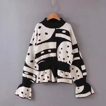 

European American Fashion Contrast Color Womens Sweaters Autumn Winter Round Neck Waisted Flared Sleeves Ruffle Pullover Sweater