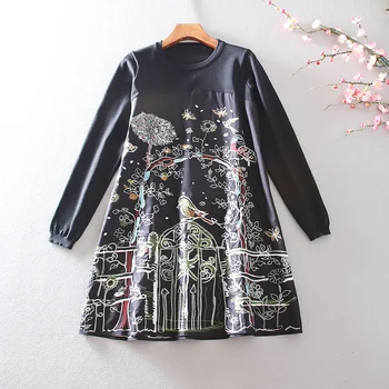 

Spring summer women's A-line long sleeve embroidery casual loose dress female pullover plus size shirt dress TB3350