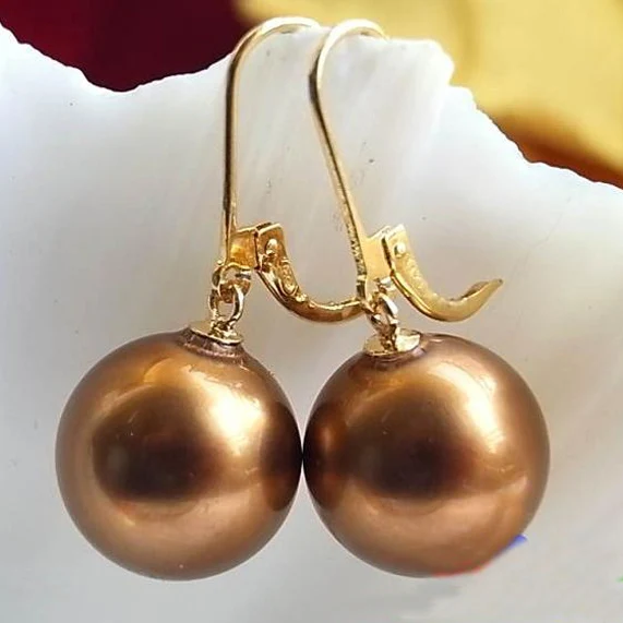 

New Arrival Favorite Pearl Jewelry 14mm Coffee Round Sea Shell Pearl 14K Gold Dangle Earrings Charming Lady Gift