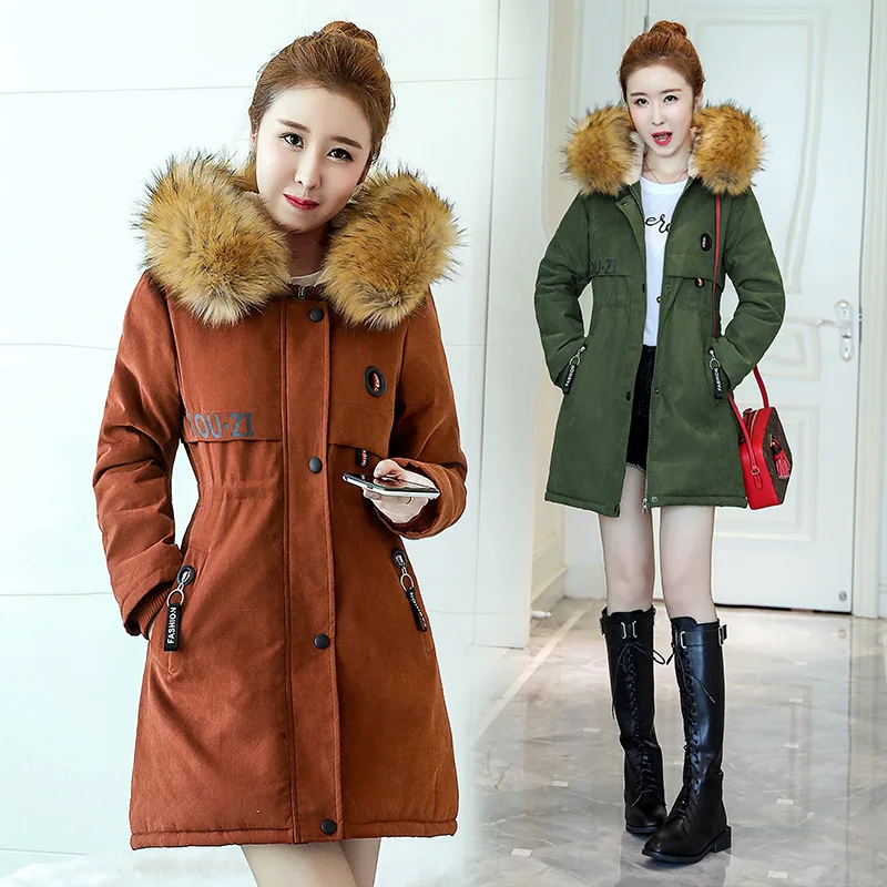 

2019 Winter Korean-style Large Fur Collar Thick Cotton-padded Clothes Women's Mid-length Slimming plus Velvet Drawstring Hooded